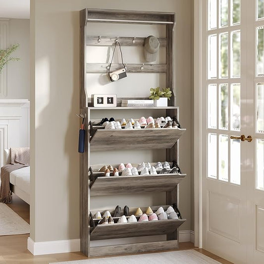 Tall Shoe Cabinet with Coat Rack, Hidden Shoe Storage Cabinet with Doors & Drawer, Hanging Bar & Hooks, Slim Narrow Freestanding Shoe Rack Organizer for Entryway, Hallway & Living Room, Grey