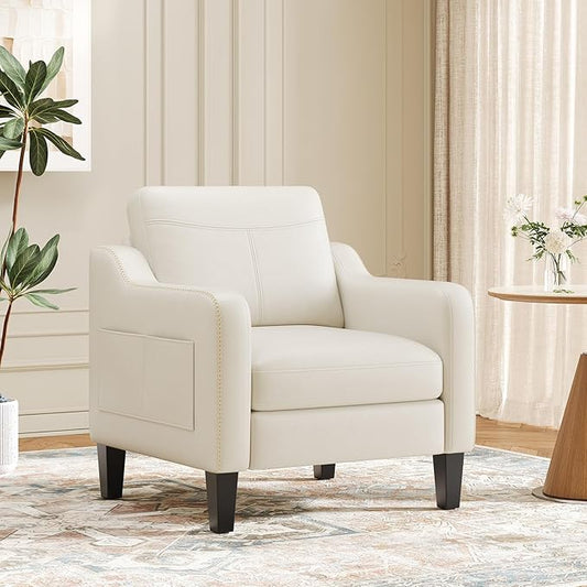 PU Leather Accent Chair, Mid-Century Modern Living Room Armchair Sofa with Removable Cushions, Solid Wood Frame & Stitched Armrest Design, Bedroom Chair with Plastic Legs, Beige