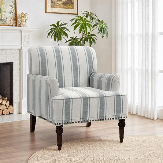 Pia Ricco Stripe Accent Chair-Modern Nailhead Trim & Wood Legs Armchair - Comfy Living Room, Bedroom, or Home Office Seating-Light Blue