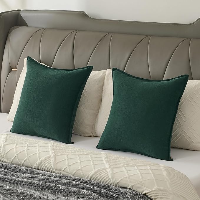 FUTEI Christmas Dark Green Chenille Throw Pillow Covers 16x16 Inch Set of 2,Edges Double-Stitched Cushion Cases,Modern Home Decor for Couch Living Room