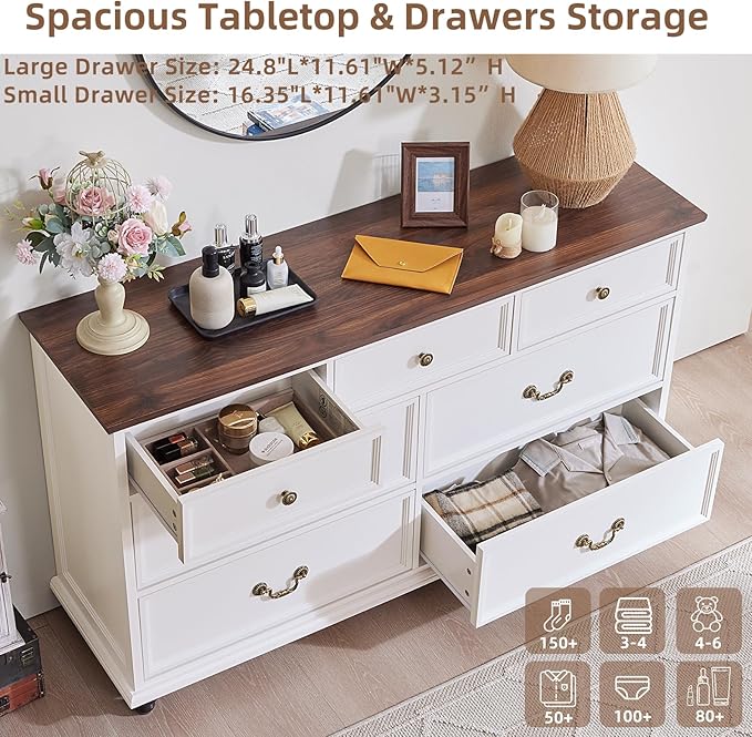 Bedroom Sets, 54" Wide 7 Drawers Dresser and 37" Tall 4 Drawers Dresser, Wooden 2 Piece Bedroom Furniture Set, Chest of Drawer for Bedroom, Home, Living Room, Hallway, White