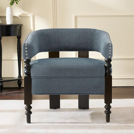 LOULENS Barrel Accent Chair for Living Room | Vintage Linen Upholstered Lounge Chair with with Solid Wood Legs, Armchair for Bedroom, Reception Room & Reading Nook, Blue