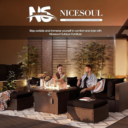 NICESOUL 6 Piece L Shaped Outdoor Sofa with Fire Pit Natural Gas/Propane, 29.3'' High-Back Comfy Wicker Patio Furniture Set Fireplace, Modern Deep Seat Conversations, Brown Rattan and Black Cushion