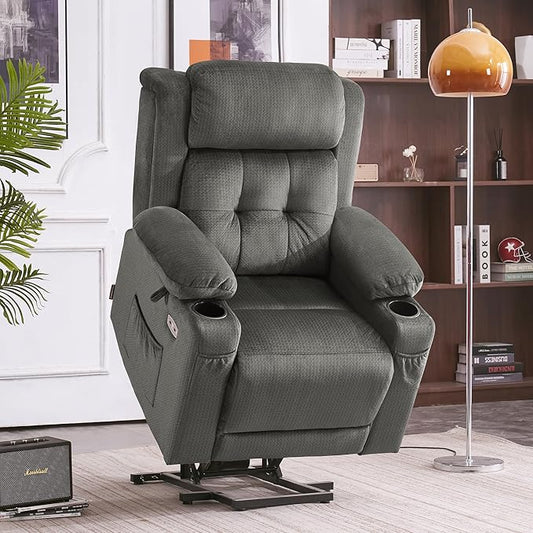 MCombo Small Triple Motor Power Lift Recliner Chair with Massage and Heat for Petite Elderly People, Adjustable Headrest, Infinite Position, USB Ports, Fabric 7664 (Grey, Small)