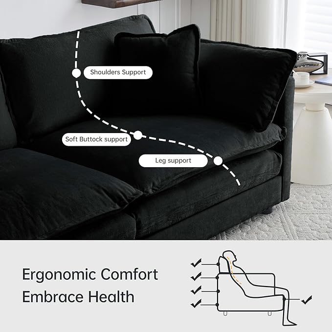 Modular Sectional Sofa, 146.5 Inch I-Shaped Cloud Sofa with Deep Seat Chenille Sofa with Cushions, Four Seater Sectional Sofa for Living Room Apartment,Black