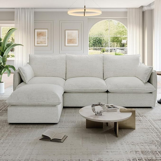 94.6" Cloud Modular Sectional Sofa, Waterproof Down Filled Sectional Sofas, High Backrest L Shaped 3 Seater Sectional Couches with Ottoman, Modular Couch with Removable Cover, Cream White