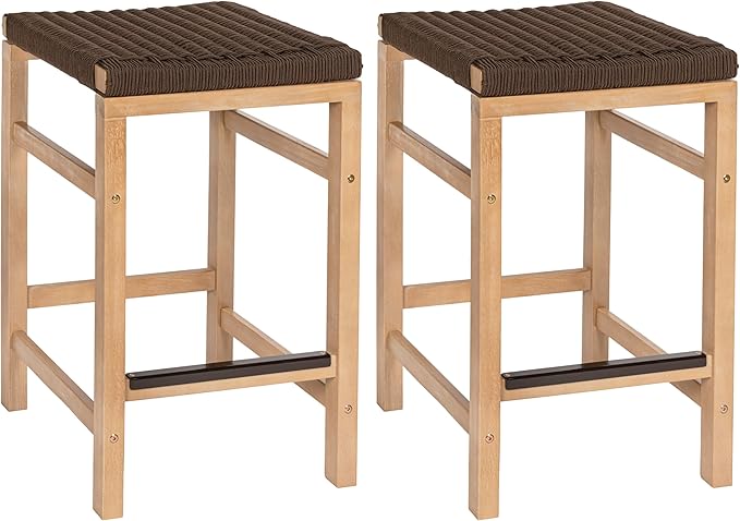 JONATHAN Y CSL1201C-SET2 Armand 25.6" Modern Coastal Backless Acacia Wood Outdoor Counter Stool with Woven Rope Seat, for Pool, Deck, Poolside, Light Teak/Brown (Set of 2)