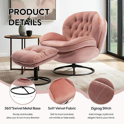 360° Swivel Modern Velvet Accent Chair with Ottoman | Mid-Century Button Tufted Lounge Chair for Living Room & Bedroom, Pink