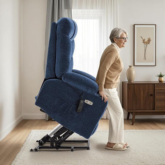MCombo Oversized Power Lift Recliner Chair with Extended Footrest for Elderly People, Fabric R7399 (Navy Blue, Large-Oversize)