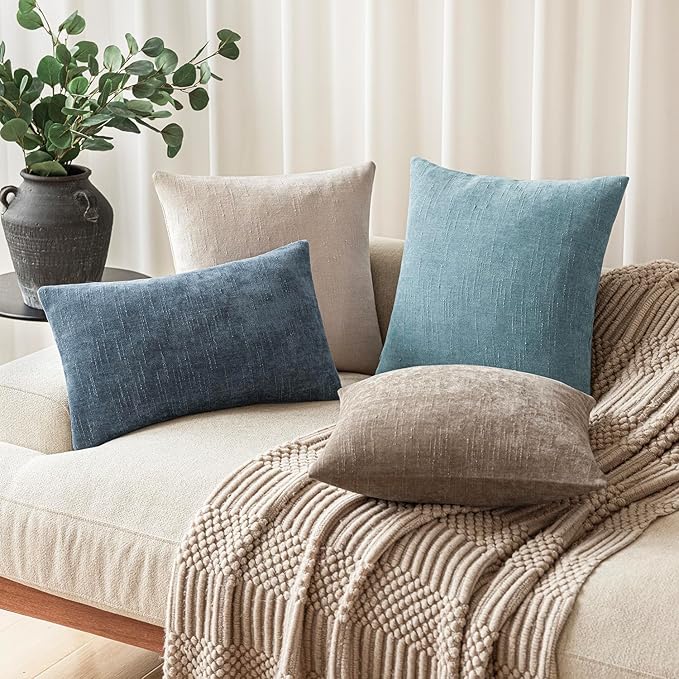 Foindtower Pack of 2 Textured Chenille Throw Decorative Pillow Covers Square Accent Solid Cushion Cover Neutral Farmhouse Pillow Case for Couch Sofa Bedroom Living Room 26x26 Inch,Light Blue