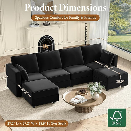Vesgantti Sectional Couches with Storage Seats, 118" L Shaped Convertible Modular Sectional Sofa, 4 Seat & 2 Ottomans Velvet Storage Chaises Deep Seat Couch for Living Room, Bedroom, Apartment, Black