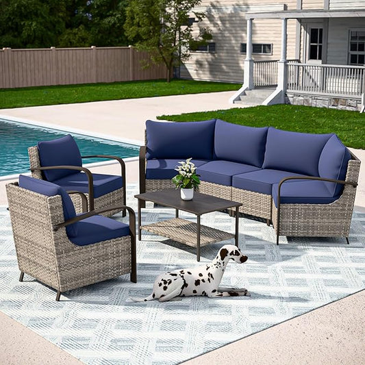 COOS BAY Aurora Terrace Half-Moon Outdoor Furniture Set, Rattan Conversation Set with Patio Chairs, Curved 4-Seat Sofa, Coffee Table, Seats 6, Beige/Blue