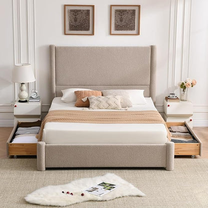 VELOCAVA Queen Size Upholstered Bed Frame with 51.77" Tall Headboard and Soft Rounded Corners, Side Storage Drawers, 12-Slat Support, No Box Spring Needed, Linen-Blend Fabric, Beige