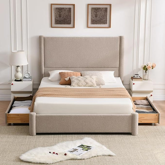 VELOCAVA King Size Upholstered Bed Frame with 51.77" Tall Headboard and Soft Rounded Corners, 2 Storage Drawers, 12-Slat Support, No Box Spring Needed, Linen-Blend Fabric, Beige