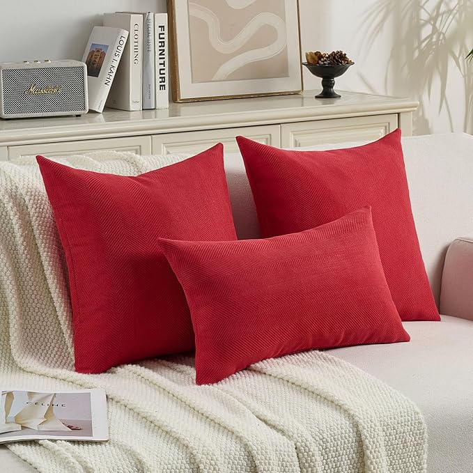 FUTEI Christmas Red Chenille Throw Pillow Covers 12x20 Inch Set of 2,Soft Wide Chevron Textured Lumbar Pillow Cases,Farmhouse Home Decor for Couch Bed Living Room