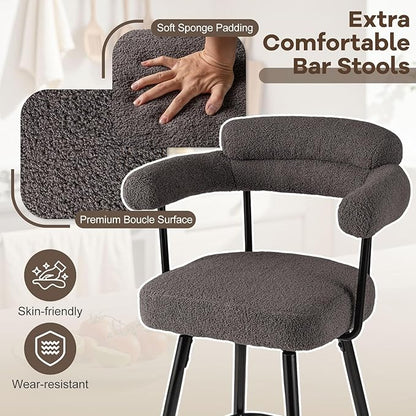 COSTWAY Counter Height Bar Stools Set of 2, 27" Swivel Modern Upholstered Counter Chairs with Boucle Fabric, Curved Backrests & Metal Legs, for Kitchen Island, Home (2, Grey + Black)