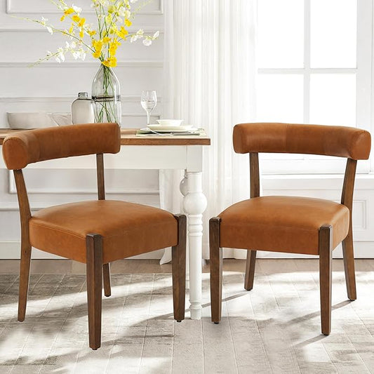 Modern Dining Chairs Set of 2, Faux Leather Upholstered Kitchen & Dining Room Chairs, Mid Century Modern Wooden Dining Chairs Oversized Sturdy Rounded Chairs Curved Back, Brown