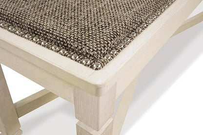 Signature Design by Ashley Bolanburg Casual French Country Upholstered Dining Room Bench with Nailhead Trim, Heavy Woven Fabric, Wood, Antique White & Tan