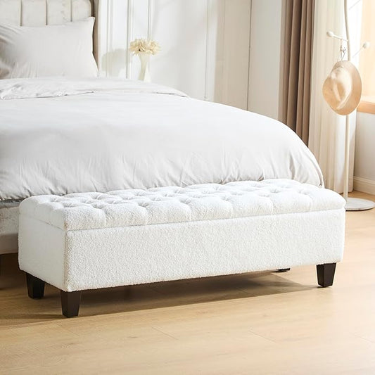 Christopher Knight Home Ottilie Boucle Fabric Storage Ottoman Bench, Wooden Rectangular Ottoman with Storage, Bedroom End of Bed Foot Stool, Entryway Ottoman Footrest, Living Room Extra Seat, White
