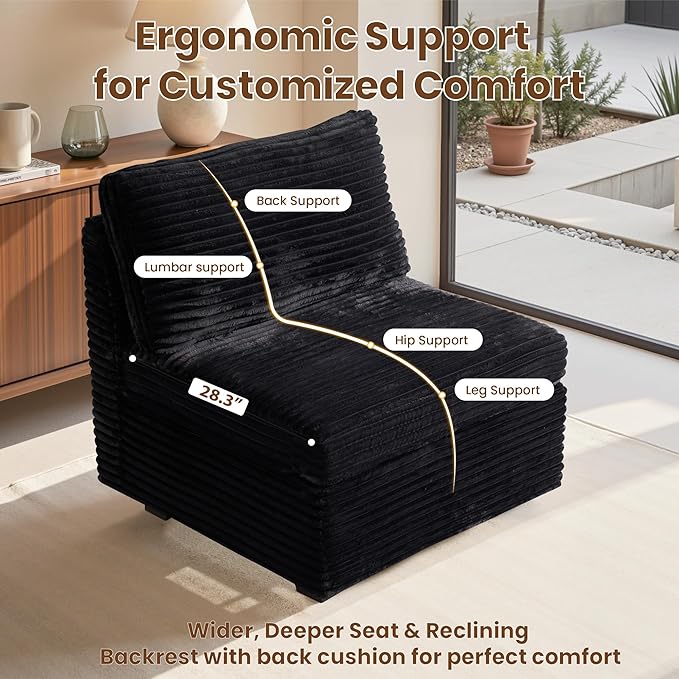 32.7'' Middle Seat for Modular Sectional Sofa, Deep Seat Upholstered Armless Chair Sleeper Sofas, L/U/V Shaped Plush Corduroy Cloud Couch for Living Room Apartment, Black
