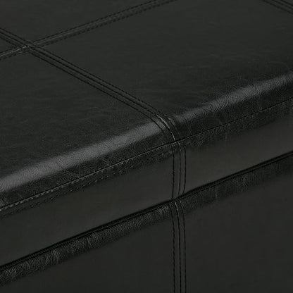 SIMPLIHOME Kingsley 48 inch Wide Transitional Rectangle Large Storage Ottoman in Midnight Black Vegan Faux Leather, Assembled, For the Living Room, Entryway and Family Room