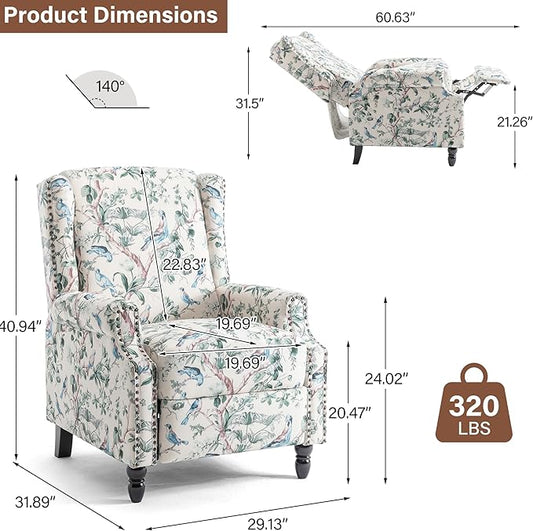 Wingback Recliner Chair, Floral Fabric Pushback Recliner Chair, Upholstered Armchair Push Back Recliner, Rivet Trim Single Sofa Accent Chair with Wood Legs for Living Room, Bird