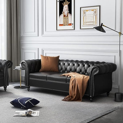 Chesterfield 3 Seater Sofa, Modern Leather Tufted Couch 3 Seater with Rolled Arms and Nailhead Mid-Century Upholstered Couch for Living Room, Bedroom, Apartment and Office, Black