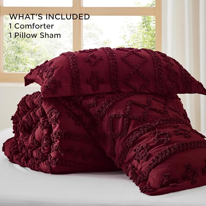 Bedsure Tufted Boho Comforter Set Twin Size - Dark Red Boho Bed Set, GentleSoft™ 2 Pieces Farmhouse Shabby Chic Embroidery Bedding, Gifts for Woman, Soft Jacquard Twin Comforter for All Seasons