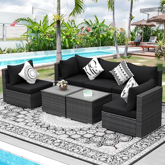 NICESOUL 7 Piece Modern Outdoor Patio Furniture Set, Extra Large Grey Wicker Patio Modular Conversations with Tables, All-Weather Deep Sofa Couches for Backyard Deck, 2 Color Cushion Black & Gray