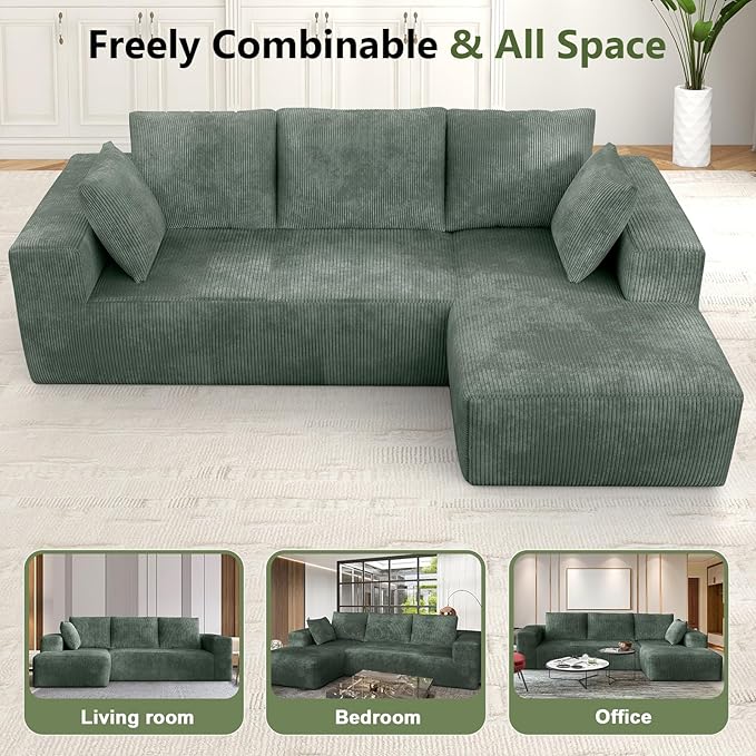 108” Cloud Sectional Couch, Modular Sectional Sofa with Deep Seat, Corduroy Boneless Couches with Chaise for Living Room Bedroom, No Assembly Required