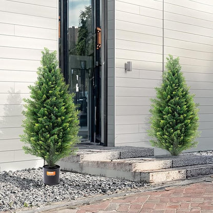 VEVOR Artificial Topiary Cedar Tree, 36 inch Tall (2 Pieces), with Extra Leaves & Pot Faux Evergreen Fake Pine Cypress Trees Plant, UV Rated Artificial Greenery Set for Home Decor Indoor/Outdoor