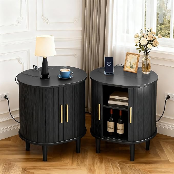 Nightstand with Charging Station, Fluted Accent Side Table with Sliding Door & Adjustable Shelf, Mid-Century Modern End Table for Small Space, Living Room, Bedroom(1, Black)