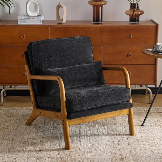 Karl home Mid Century Modern Accent Chair with Lumbar Pillow & Oak Arms – Plush Chenille Living Room Chair for Bedroom, Lounge (Black)