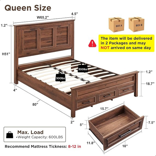 ACCOHOHO Farmhouse Queen Size Bed Frame with 52" Tall Headboard, Wood Platform Bedframe with Footboard and Storage Drawers, No Squeak, No Box Spring Needed, Brown