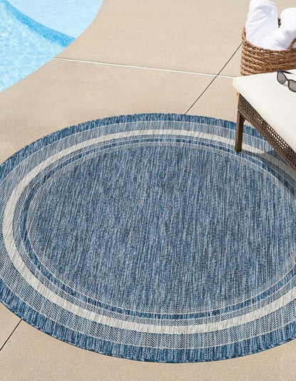Unique Loom Outdoor Border Collection Area Rug - Soft Border (13' Round, Blue/ Ivory)