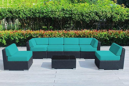 Outdoor Patio Furniture with 6-inch Thick Rainshield Cushions, No-Assembly 7-Piece All-Weather Wicker Sectional Set (Supercrylic Turquoise)