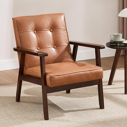 ANJ Mid Century Modern Accent Chair for Living Room, Tufted Faux Leather Armchair, Comfy Retro Bedroom Side Chair with Dark Wood Frame, Orange Brown