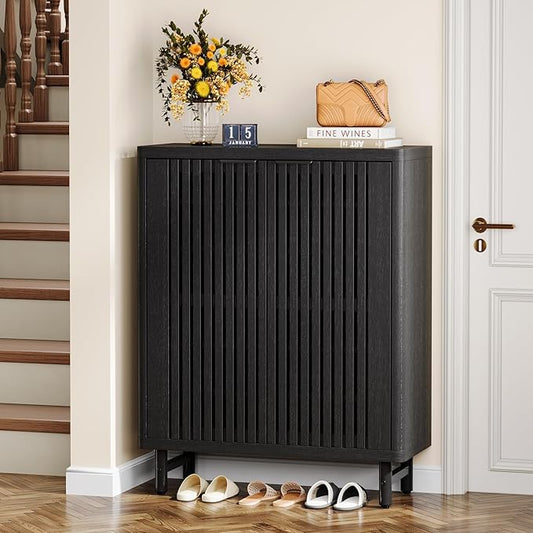 Tribesigns Shoe Cabinet with Shutter Doors, 6-Tier Entryway Shoe Cabinet with Adjustable Shelves, Wooden Modern Rack Organizer for Entryway, Hallway, Closet, Living Room, Black