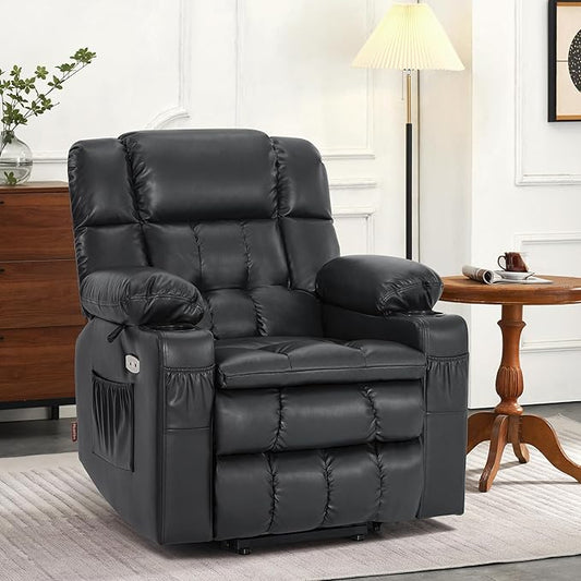 MCombo Dual Motor Small Power Lift Recliner Chair for Elderly, Lay Flat Lift Chair with Heat and Massage, Petite Lift Chair, Cup Holders, Faux Leather 7893 (Black, Small)