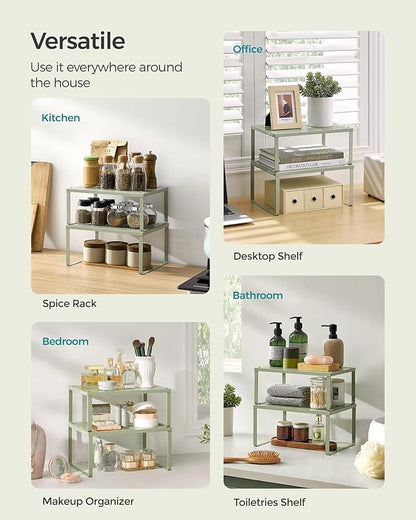 SONGMICS Spice Racks, Set of 2 Metal Cabinet Shelf Organizers, Countertop Organizers, Shelf Risers, Stackable, Expandable, Sage Green UKCS001C01
