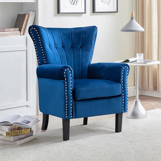 Velvet Accent Chair Single Modern Armchair with Riveted Decorative Mid-Century High Back Reading Chair Sturdy Sofa Chair for Living Room Bedroom Home Office (Blue)