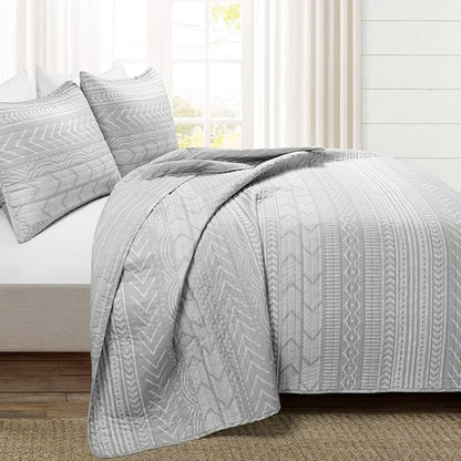 Lush Decor Hygge Geo Pattern Striped 3 Piece Quilt Bedding Set, King, Light Gray