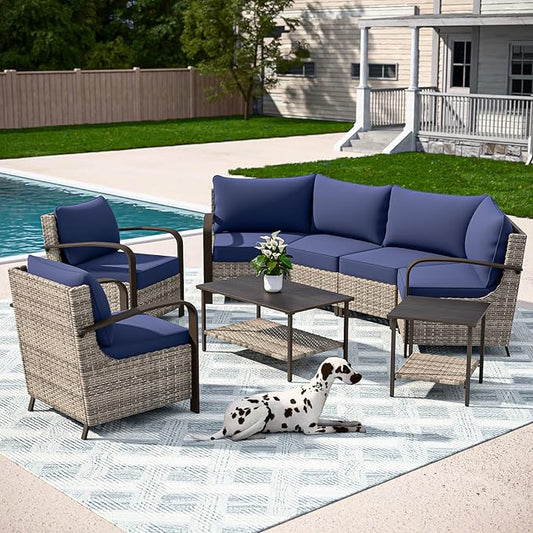 COOS BAY Aurora Terrace Half-Moon Outdoor Furniture Set, Rattan Conversation Set with Patio Chairs, Curved 4-Seat Sofa, Coffee Table & Side Table, Seats 6, Beige/Blue