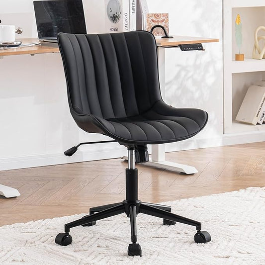 YOUNIKE Black Compact Home Office Desk Chair with Wheels Comfy Armless Cute Vanity Chair with Adjustable Rocking Back Modern Leather Upholstered Rolling Swivel Small Task Drafting Sewing Chair