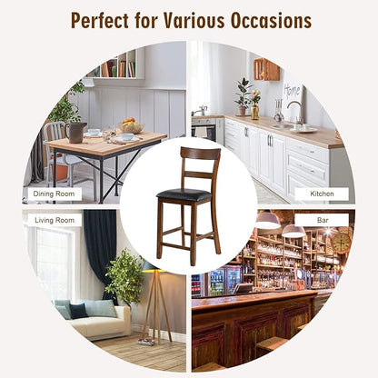COSTWAY Counter Height Bar Stools Set of 2, 25.5 Inch Mid Century Modern Wooden High-top Chairs with Backrest, Rubber Wood Legs, Faux Leather Seat, Farmhouse Barstools for Kitchen Island, Pubs