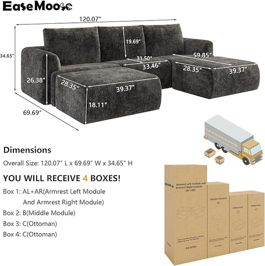 EASE MOOSE Cloud Couch Sectional Sofa, Large U-Shaped Oversized Modular Couch for Living Room, Minimalist Boneless Convertible Couches with Ottoman, 5-Seat Deep Sofa for Bedroom, Chenille (Dark Grey)