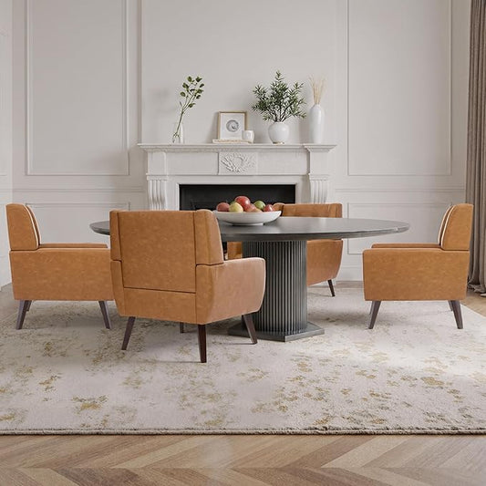 Faux Leather Accent Chairs Set of 4, Mid-Century Modern Upholstered Armchair, Comfy Living Room Chairs Reading Chairs with Button Tufted Back & Solid Wood Legs for Bedroom, Office, Brown