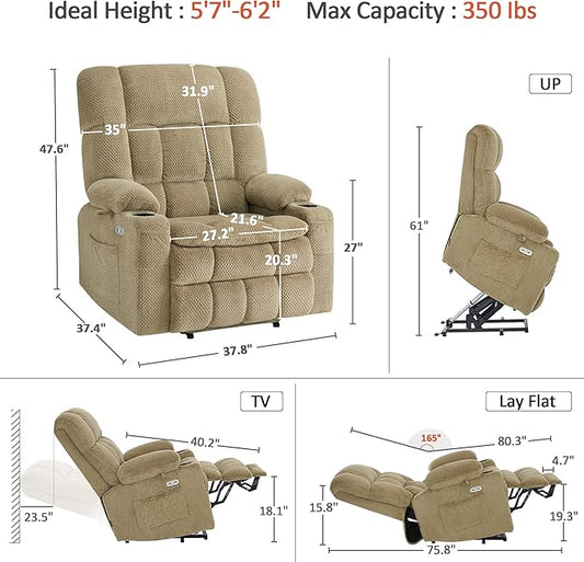 MCombo Oversized Power Lift Recliner Chair for Elderly, Dual Motor Lift Chair with Heat and Massage, Lay Flat Lift Chair for Big and Tall, Cup Holders, Fabric R7891 (Oversize, Beige)