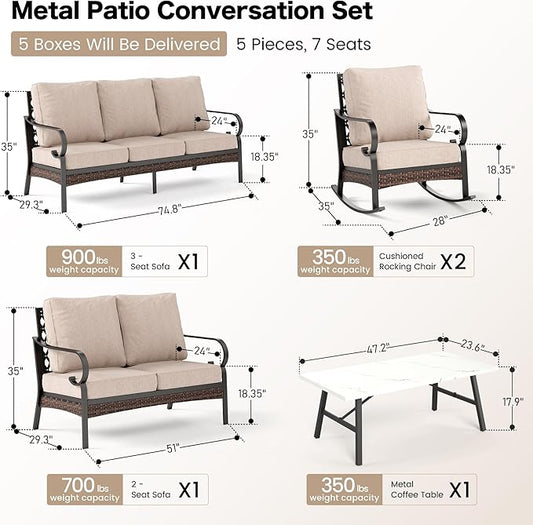5 Piece Metal Outdoor Patio Furniture Set, Patio Conversation Sets, Outdoor Seating Furniture 3-Seater Sofa, 2 Leg Chair and 2 Swivel Chair with 5.75" Cushion for Backyard Deck, Beige