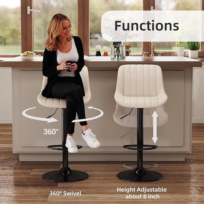 Youhauchair Bar Stools Set of 3, Swivel Counter Height Barstools with Back, Adjustable PU Leather Bar Chairs, Modern Armless Kitchen Island Stool, Beige